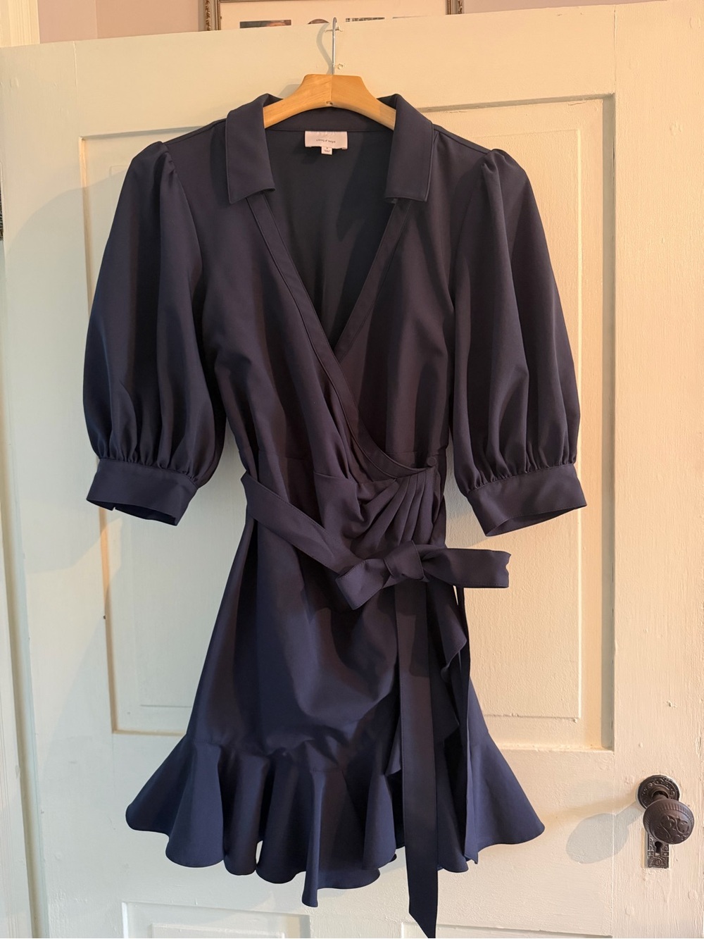 CinqàSept Navy Puff Sleeve Belted Dress